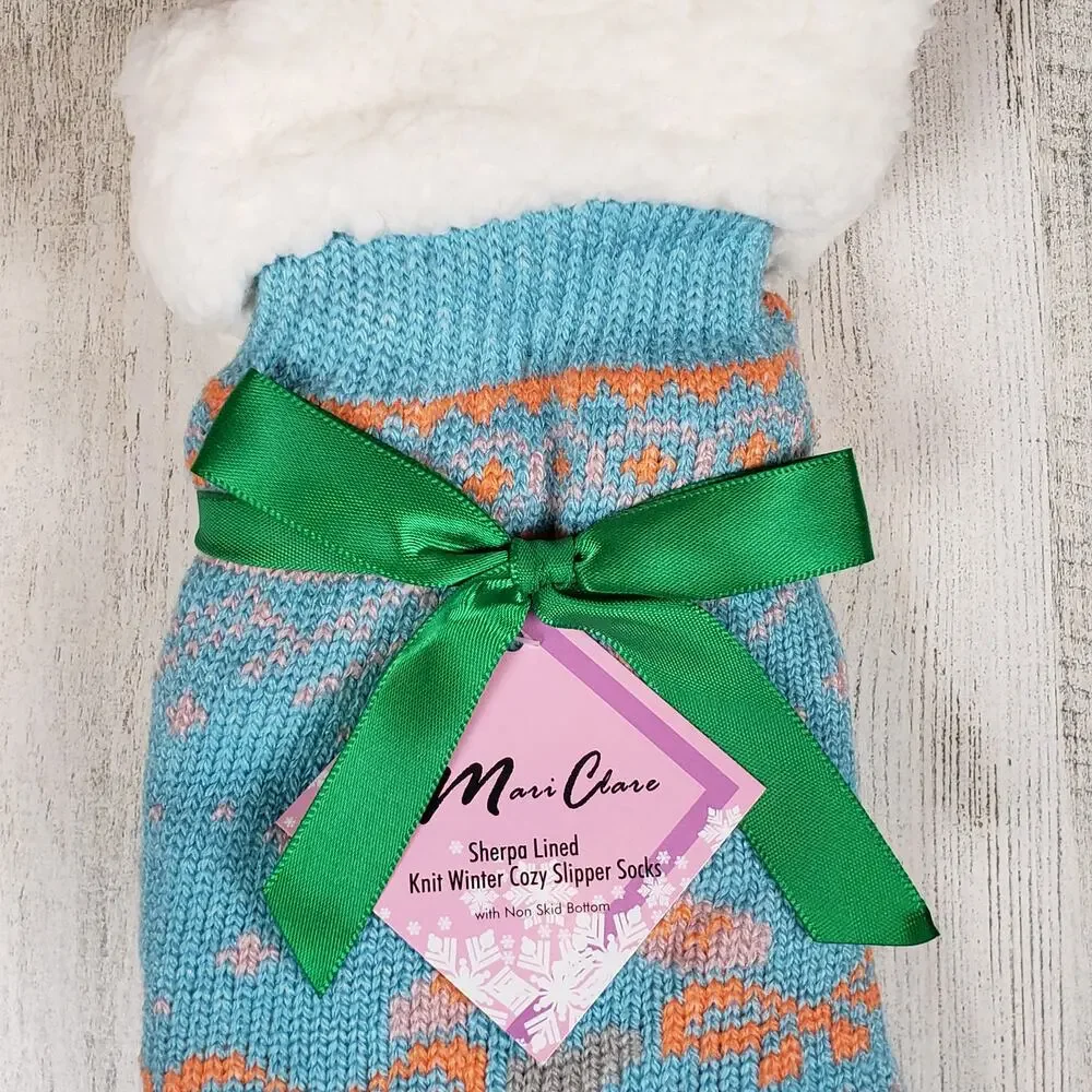 NWT Mari Clare Sherpa Lined Knit Winter Holiday Design No-Slip Slipper Socks